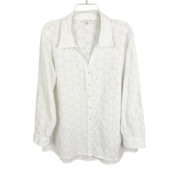 Nicole Miller Tops - Artelier Nicole Miller White Eyelet Lace Roll Tab Sleeve Button Top Women’s 2X